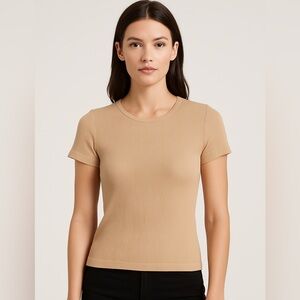 Elodie Ribbed Short Sleeve Top Tee Neutral Sand XS/S NWT